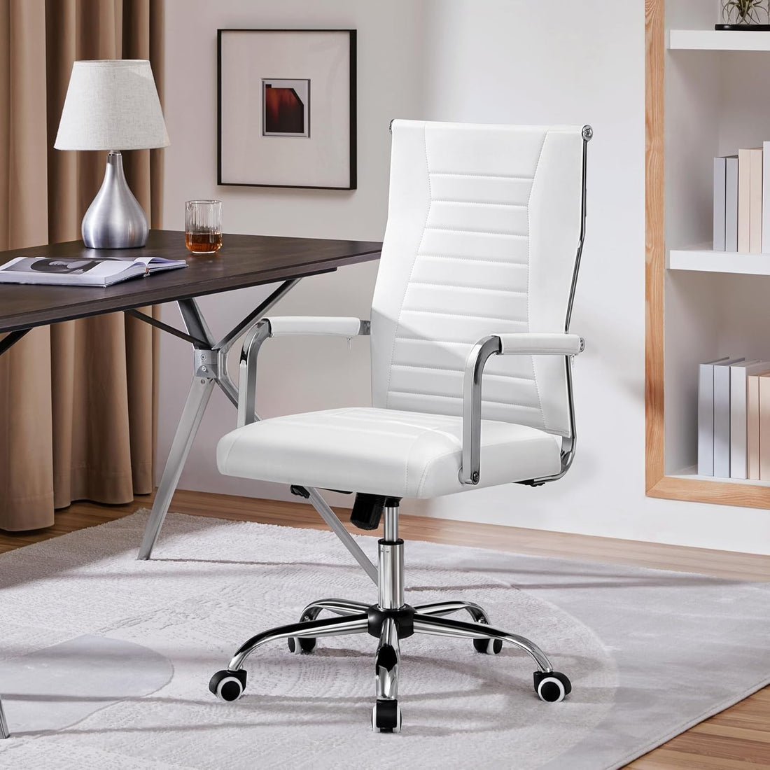 High-Back Office Desk Chair Executive Task Chair Management Chair PU Leather Chair Height Adjustable with Ergonomic Backrests for Conference and Home, White