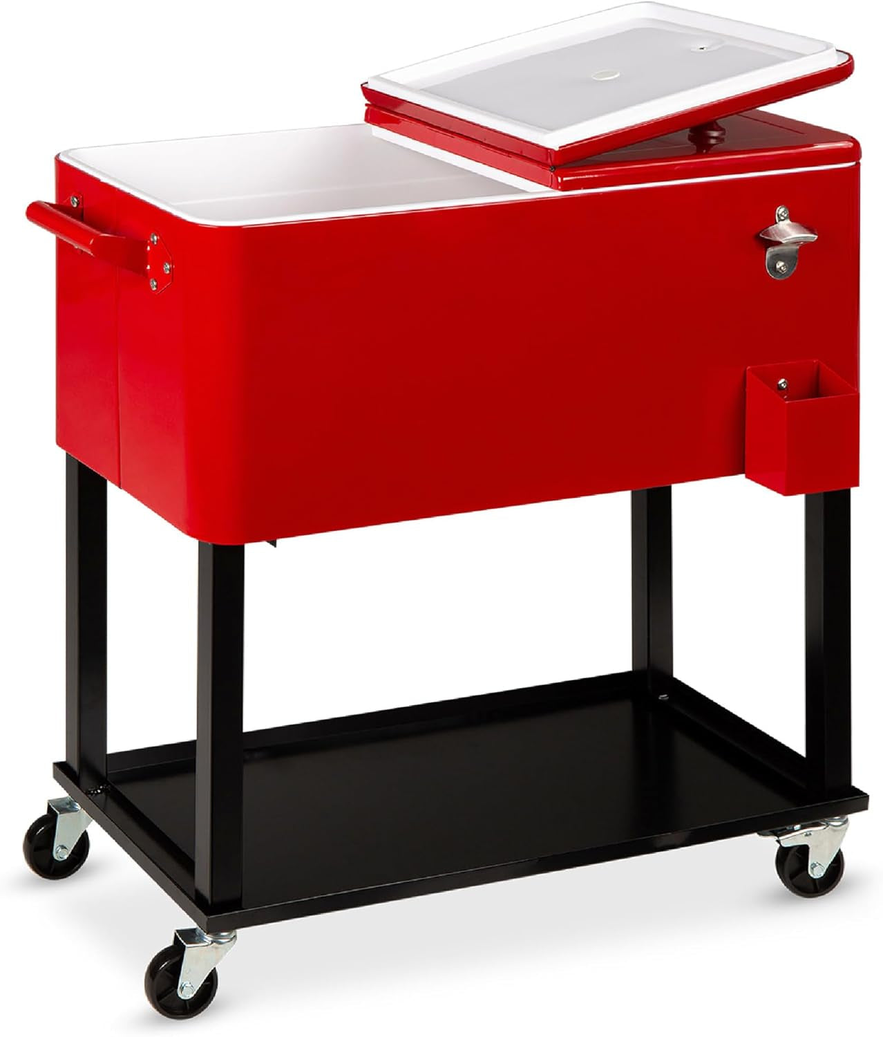 80-Quart Outdoor Steel Rolling Cooler Cart W/Ice Chest, Bottle Opener, Catch Tray, Drain Plug, Locking Wheels