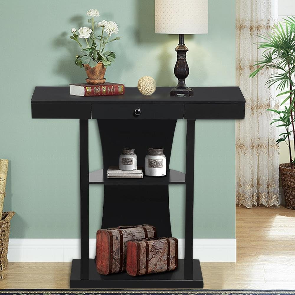 3 Tier Console Sofa Tables with Drawers Living Room Pedestal Entry Table Black