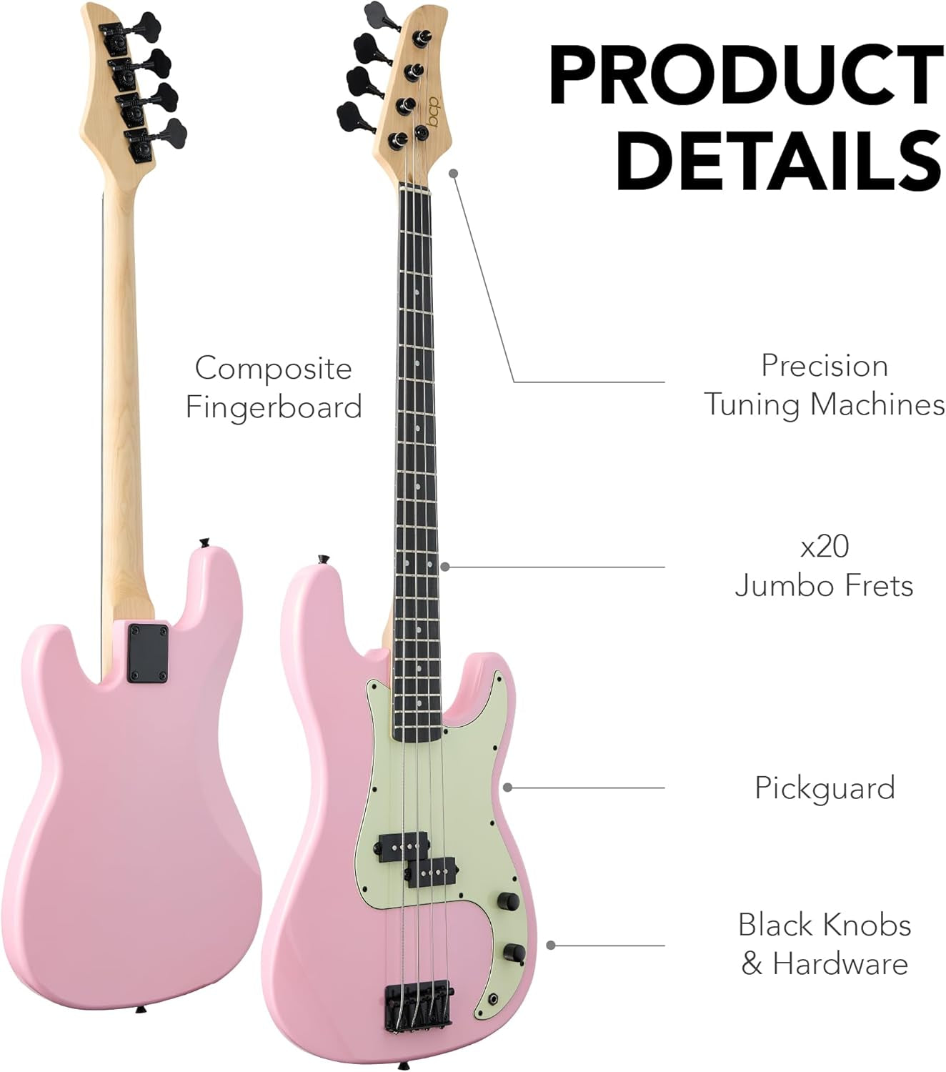 Full Size Beginner 4-String Electric Bass Guitar, Wooden Pb-Style Bass Starter Set W/Padded Carrying Case - Pink/Mint