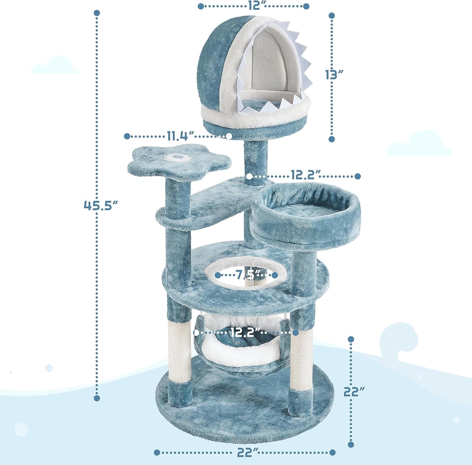 45.5In Ocean-Themed Cat Tree Multi-Level Cat Tower, Plush Cat Furniture with Shark&