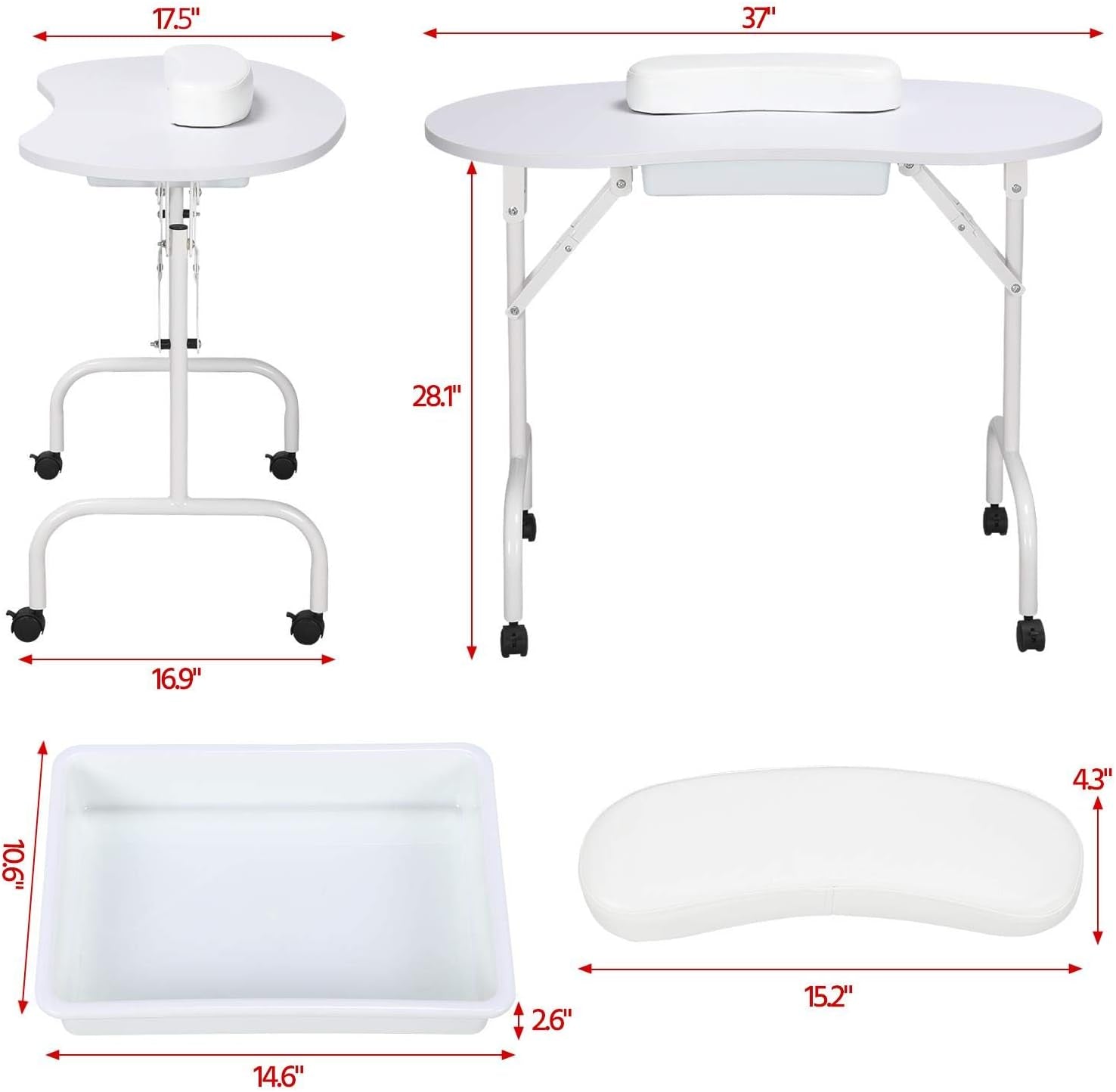 37-Inch Portable &amp; Foldable Manicure Table Nail Desk Workstation with Large Drawer/Client Wrist Pad/Controllable Wheels/Carrying Case for Spa Beauty Salon White, 1 Count (Pack of 1)