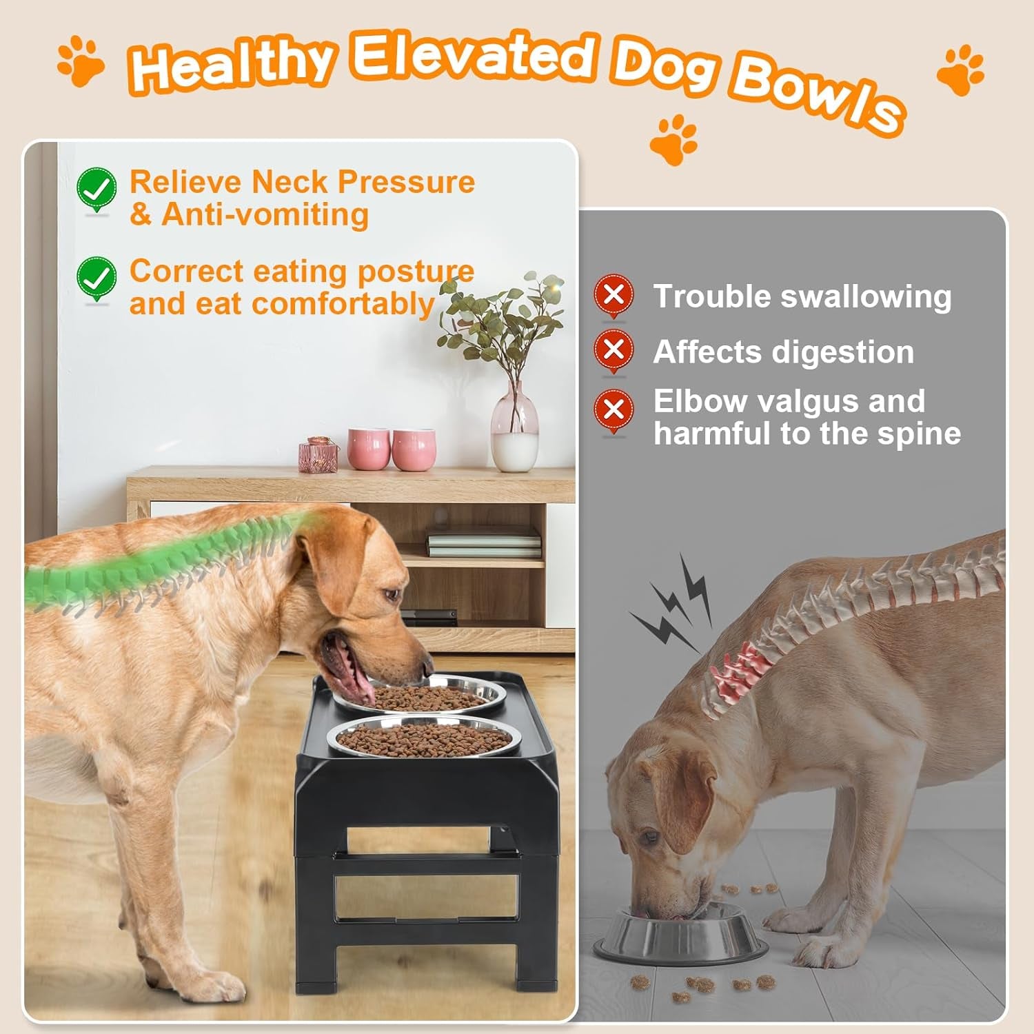 Elevated Dog Bowls, 4 Height Adjustable Raised Dog Bowl Stand with 2 Thick 50Oz Stainless Steel Dog Food Bowls Non-Slip Dog Feeder for Large Medium Dogs Adjusts to 3.7&quot;, 9.2&quot;, 10.75&quot;, 12.36&quot; Black