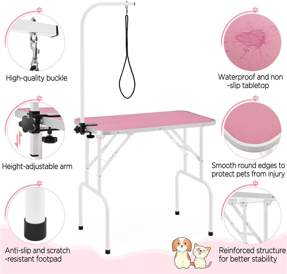 32-Inch Foldable Pet Dog Grooming Table W/Adjustable Height Arm - Drying Table for Home W/Noose for Small Dogs Cats, Maximum Capacity up to 220Lbs, Pink