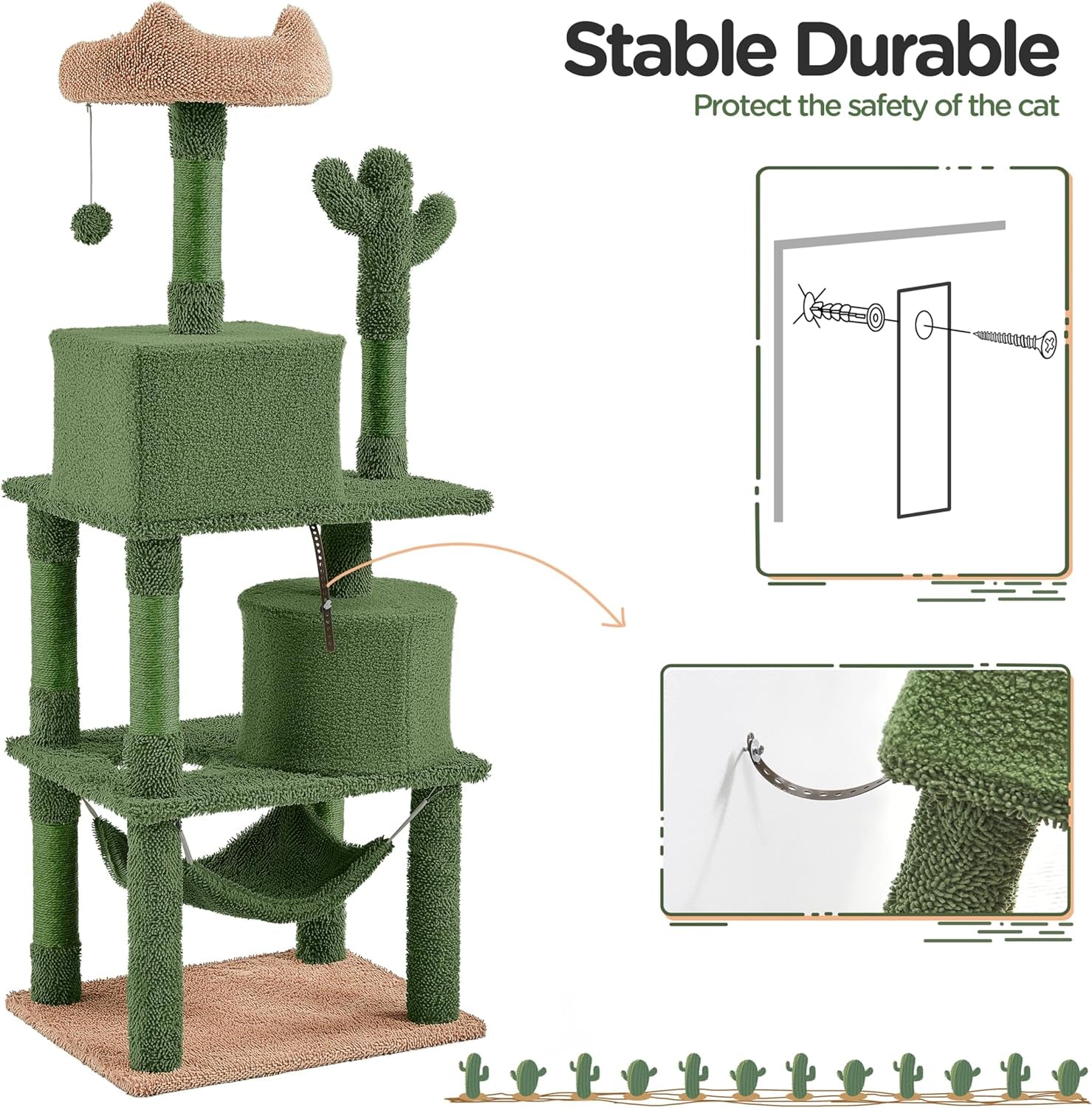 Cactus Cat Tree for Indoor Cats, 62In Cat Tower with Scratching Posts &amp; Hammock &amp; Dangling Ball, Large Cat Condo Multi-Level Activity Center, Cat Furniture