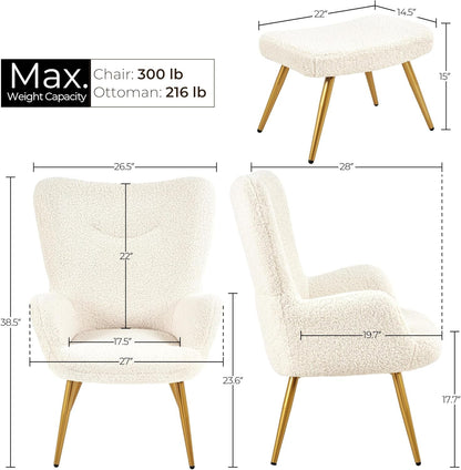 Boucle Accent Chair and Ottoman Set, Sherpa Armchair with Golden Metal Legs, High Back Reading Chair and Footstool for Living Room, Bedroom, Lounge, Ivory