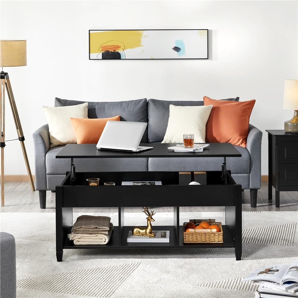 Black Coffee Table, 47.5In Lift Top Coffee Table, Lift up Center Table W/Hidden Compartment &amp; 3 Cube Open Shelves for Living Room