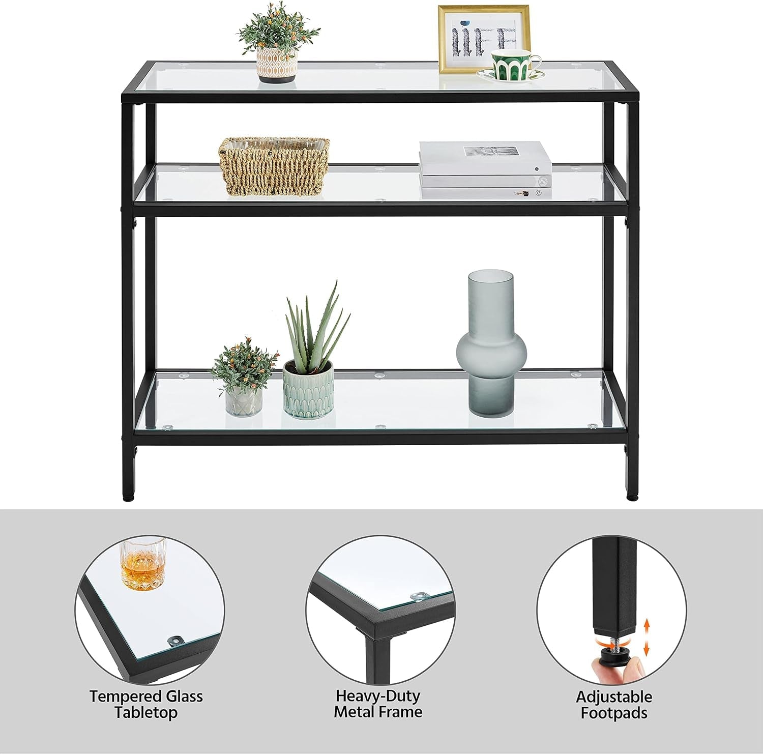 39.5&quot; Console Table with 3 Storage Shelves,Tempered Glass Sofa Table, Modern Entryway Table with Metal Frame for Hallway Living Room Bedroom, Easy Assembly, Black