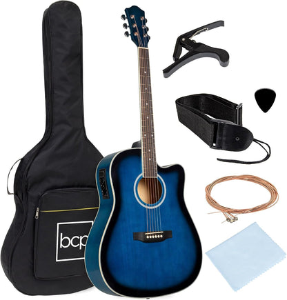 Beginner Acoustic Electric Guitar Starter Set 41In W/All Wood Cutaway Design, Case, Strap, Picks - Black