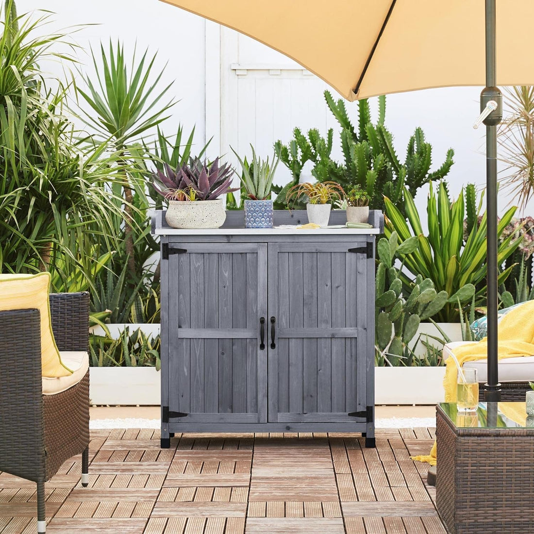 Garden Potting Bench Table, Outdoor Garden Horticultural Wooden Storage Cabinet &amp; Solid Wood Planting Work Bench with Large Space Storage &amp; Metal-Plated Tabletop, Gray