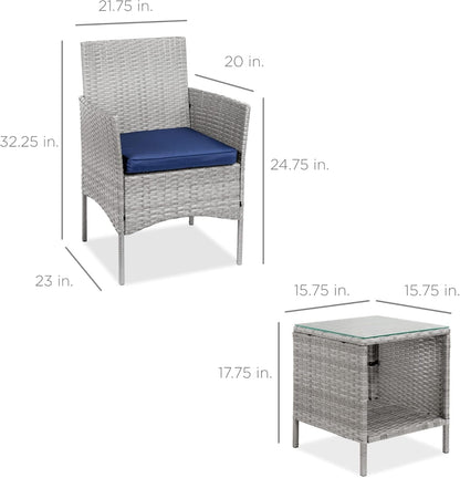 3-Piece Outdoor Wicker Conversation Bistro Set, Space Saving Patio Furniture for Garden W/Side Table - Gray/Navy