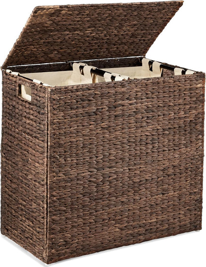 Large Double Laundry Hamper with Lid, Natural Handwoven Water Hyacinth, 2 Sections W/ 2 Machine Washable Linen Liner Bags, Portable, Handles - White