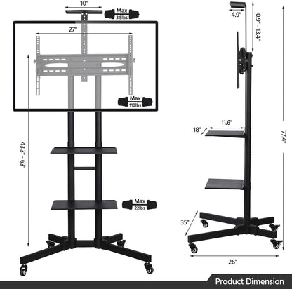 Mobile TV Stand, Adjustable Rolling TV Cart W/ Locking Wheels for 32-75&quot; LCD LED Plasma Flat Panel Screen TV up to 110LB, Portable TV Cart Stand W/ Flexible Laptop Shelf, Max. VESA 600X400