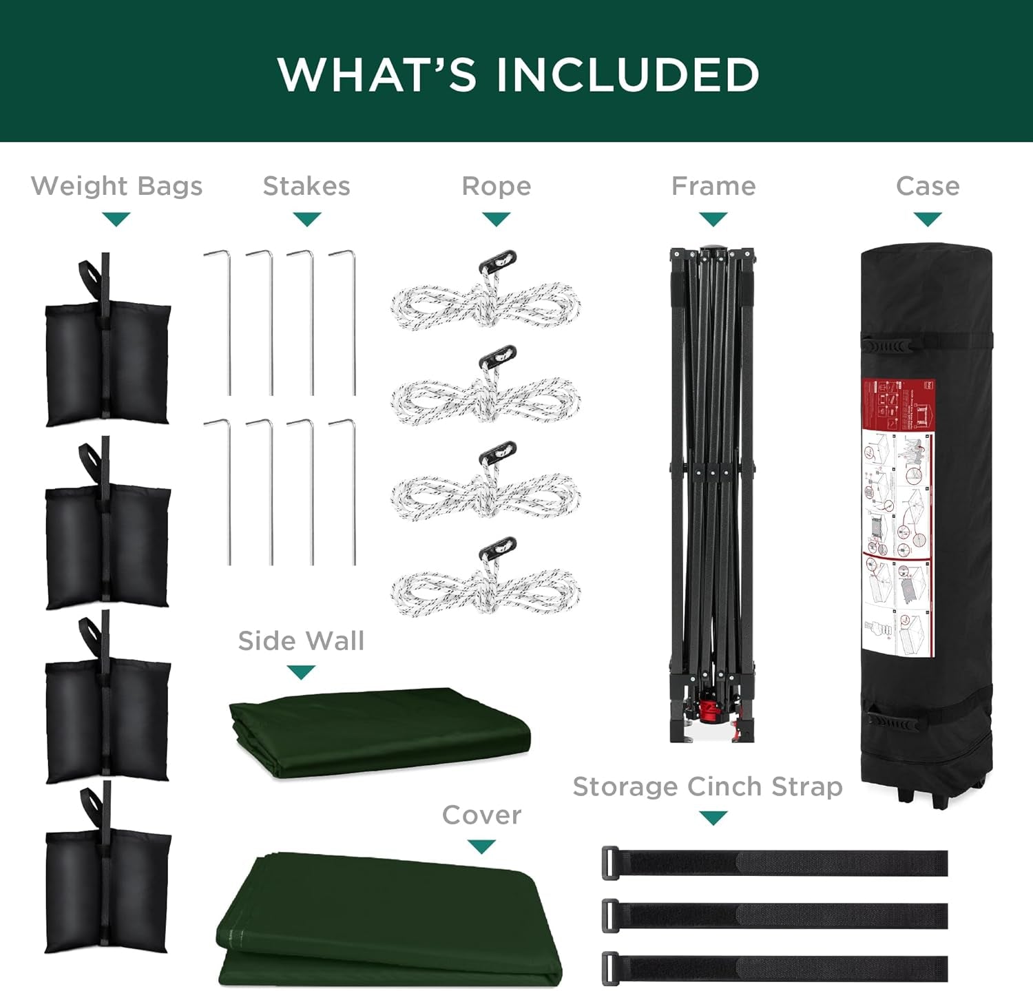 10X10Ft Easy Pop up Canopy W/Side Wall, 10 Pockets, Portable Carrying Case, 1-Button Setup, 4 Weight Bags - Dark Green