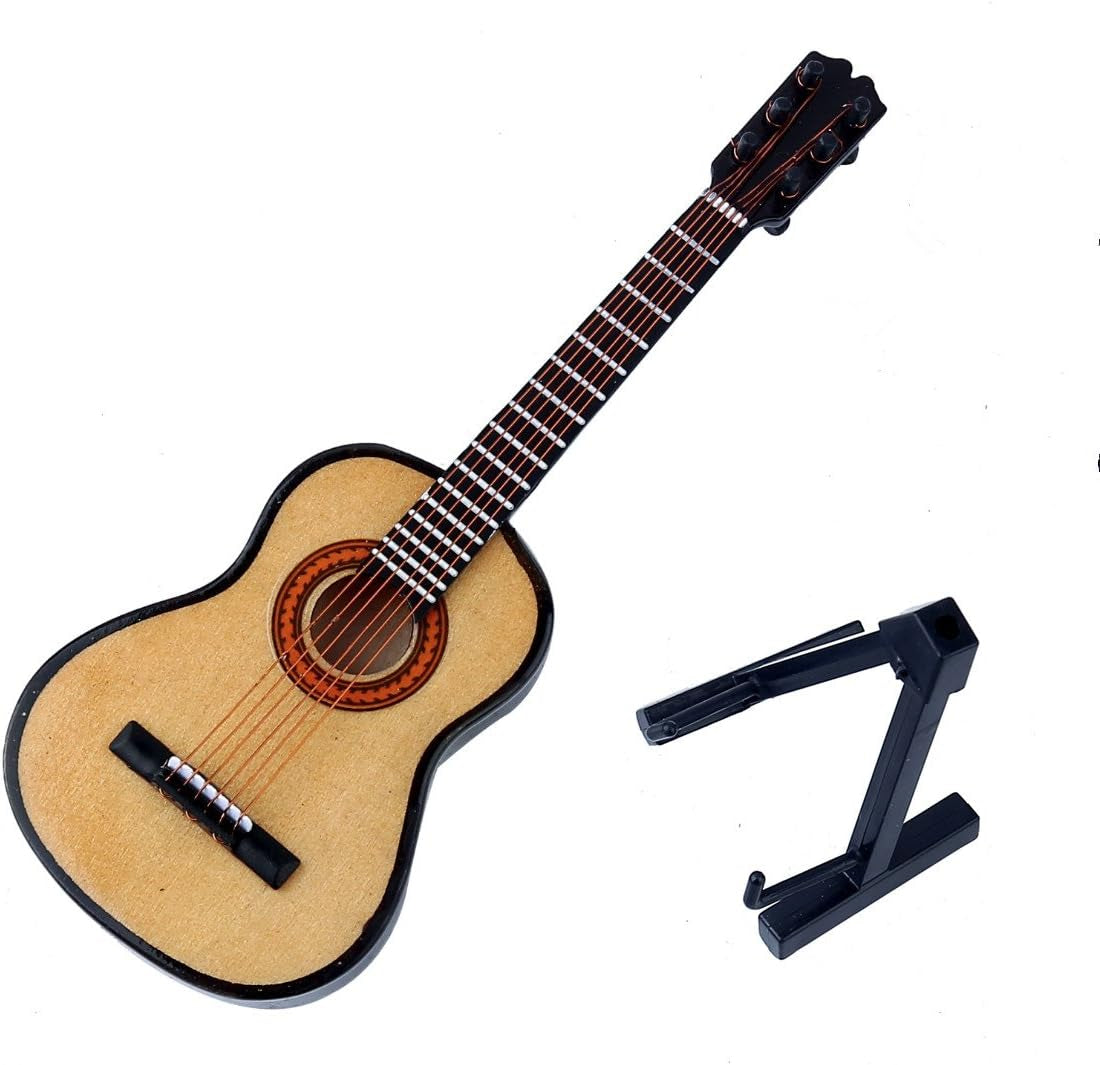 Wooden Miniature Guitar with Stand and Case Mini Musical Instrument Replica Collectible Dollhouse Accessories Model Home Decoration Ornament (5.12&quot;X1.85&quot;X0.67&quot;)