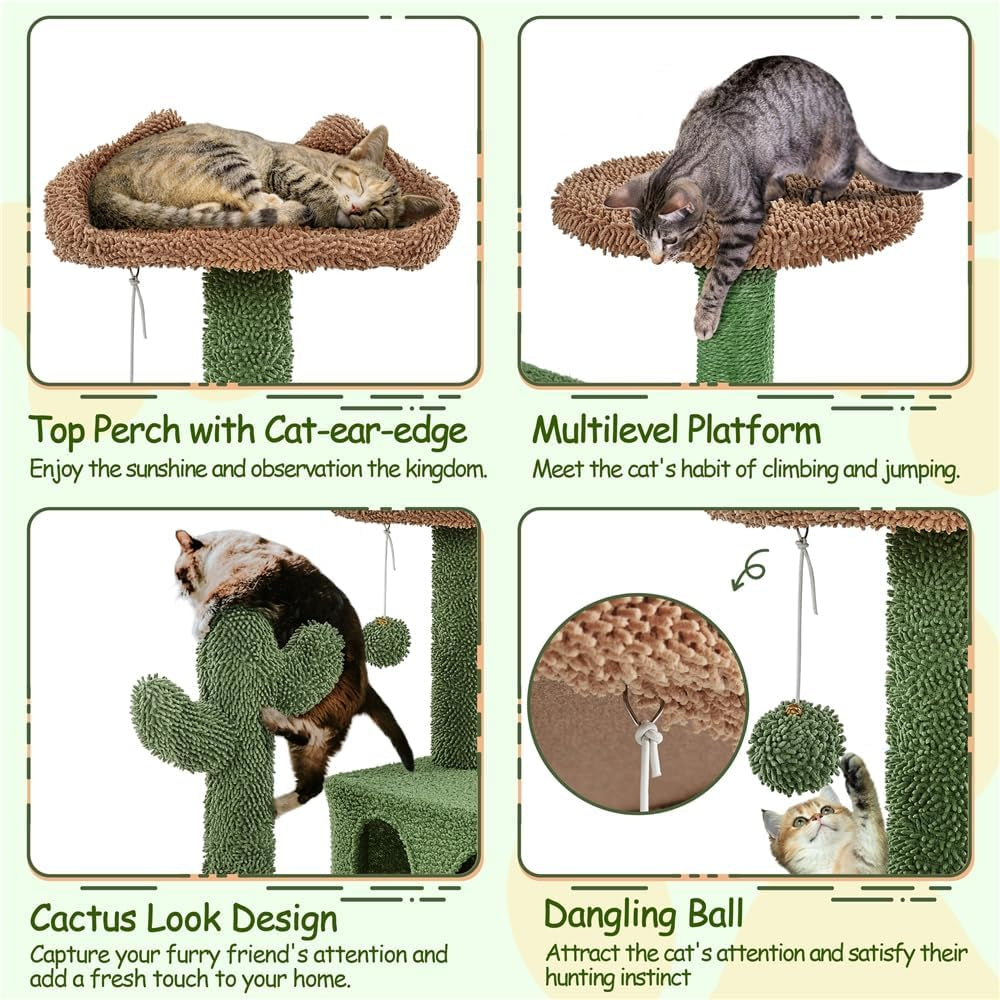 Cactus Cat Tree, 54.5In Cat Tower for Indoor Cats, Multi-Level Cat Condo with Scratching Posts, Ramp, Perch, Platform &amp; Hanging Ball, Cat Furniture Activity Center for Kitten House Play