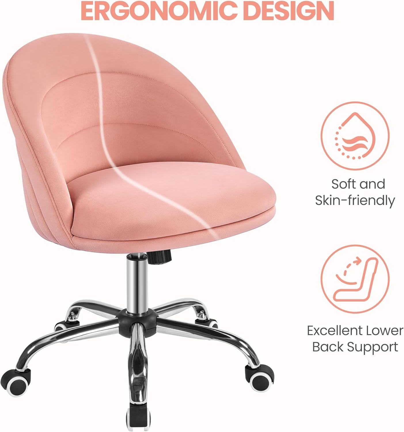 Velvet Cute Desk Chair Armless Office Chair Swivel Vanity Chair with Wheels Adjustable Comfy Desk Chair Soft Rocking Chair for Home Office, Living Room Pink