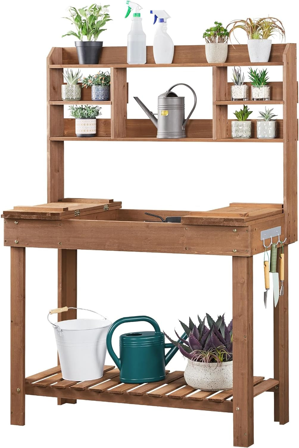 Potting Bench Table Horticulture Germination Table &amp; Outdoor Garden Work Bench Platform W/Display Rack/Storage Shelf/Hanger/Thoughtful Sink Brown