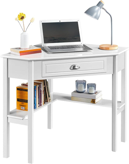 L-Shaped Computer Desk Corner Table with Large Drawer &amp; Storage Shelves, 90 Degrees Triangle Writing Desk Laptop PC Table for Home Office, Study Workstation for Small Space, White