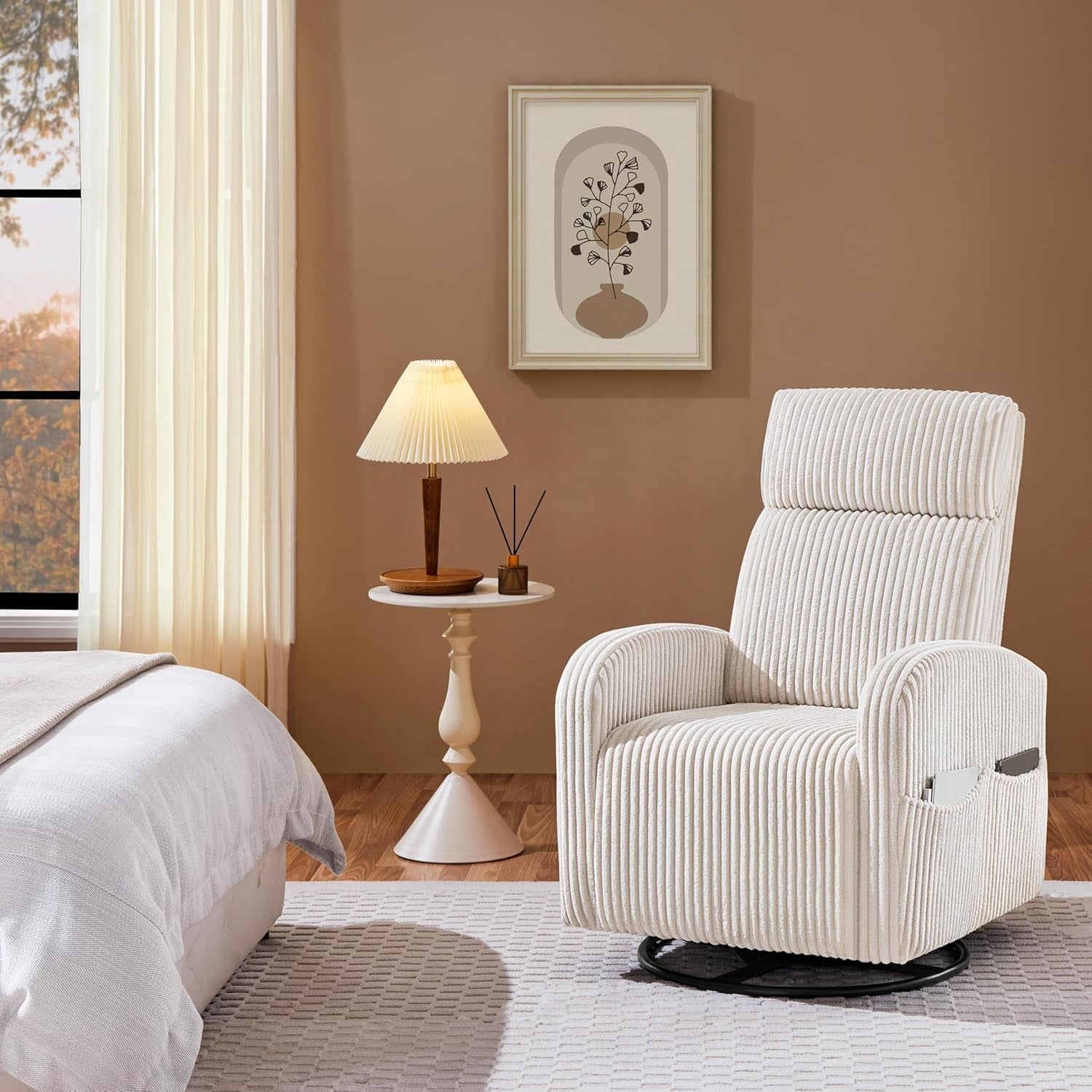 360° Swivel Glider Chair for Nursery, Rocking Chair Nursing Chair with Side Pockets, Corduroy Glider for Living Room with High Back Beige