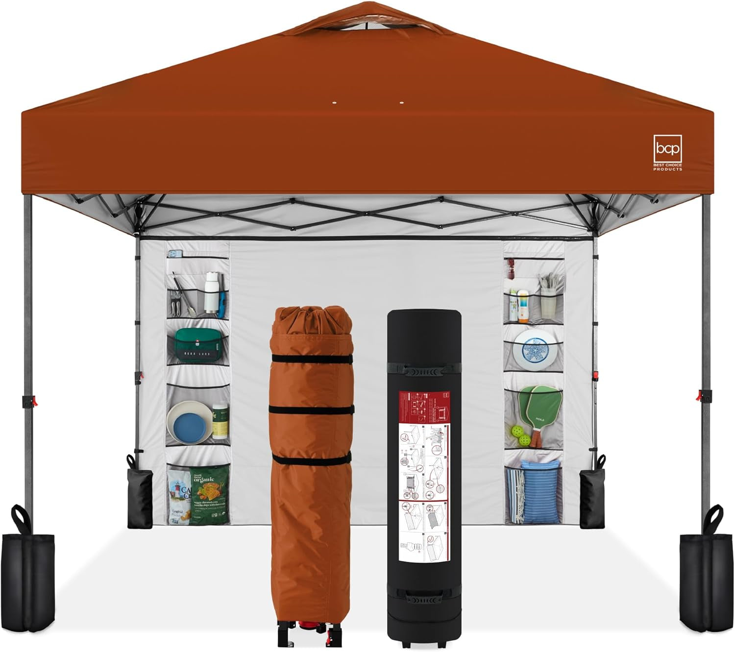 10X10Ft Easy Pop up Canopy W/Side Wall, 10 Pockets, Portable Carrying Case, 1-Button Setup, 4 Weight Bags - Dark Green