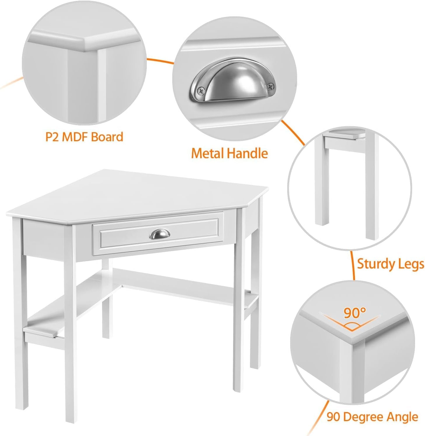 L-Shaped Computer Desk Corner Table with Large Drawer &amp; Storage Shelves, 90 Degrees Triangle Writing Desk Laptop PC Table for Home Office, Study Workstation for Small Space, White