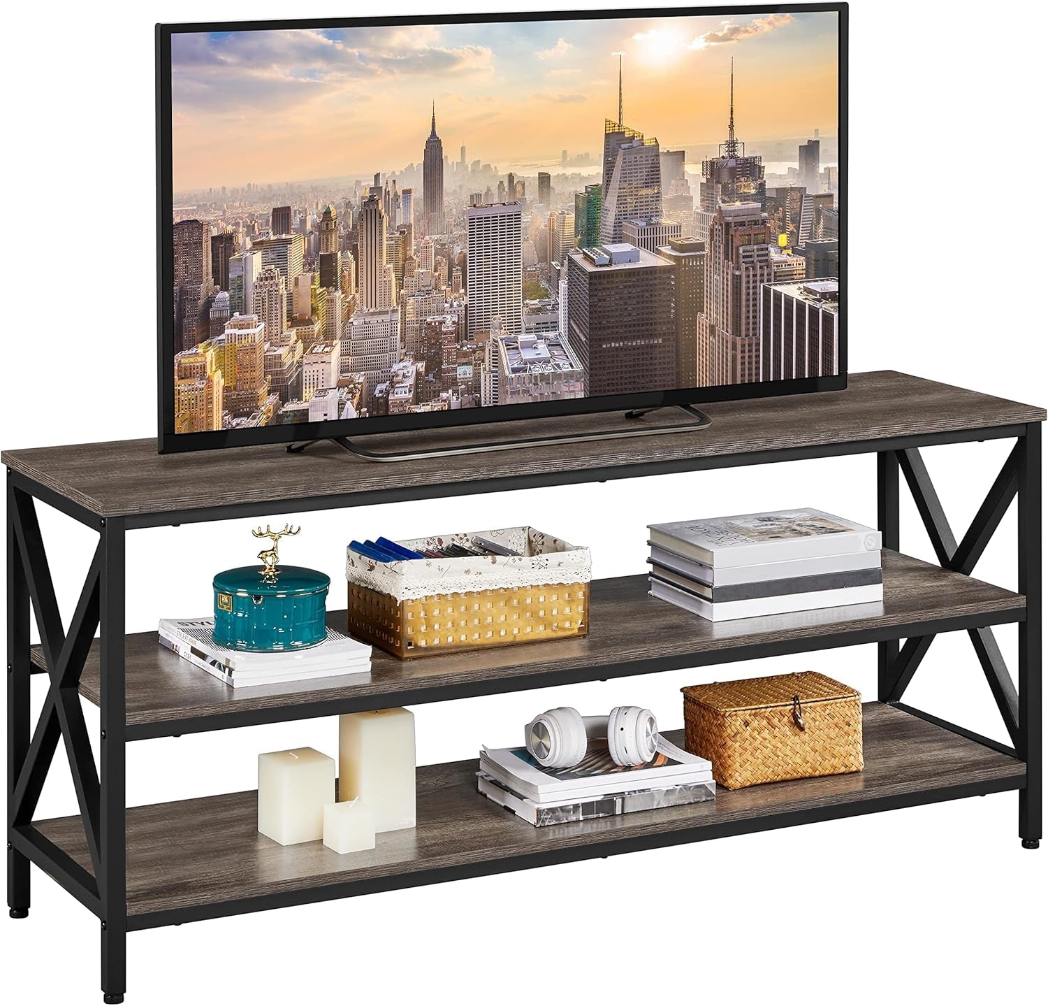 TV Stand for TV up to 65 Inch, Media Entertainment Center with Power Outlets &amp; 3 Tier Storage Shelves, 55 Inches TV Console Table for Living Room, Bedroom, Gray