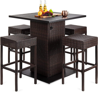 5-Piece Outdoor Wicker Bar Table Set for Patio, Poolside, Backyard W/Built-In Bottle Opener, Hidden Storage Shelf, Metal Tabletop, 4 Stools - Brown