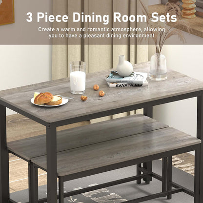 Dining Table Set for 4, Kitchen Room Table Set with 2 Benches, 3-Piece Dining Chairs Set for Breakfast Nook, Grey