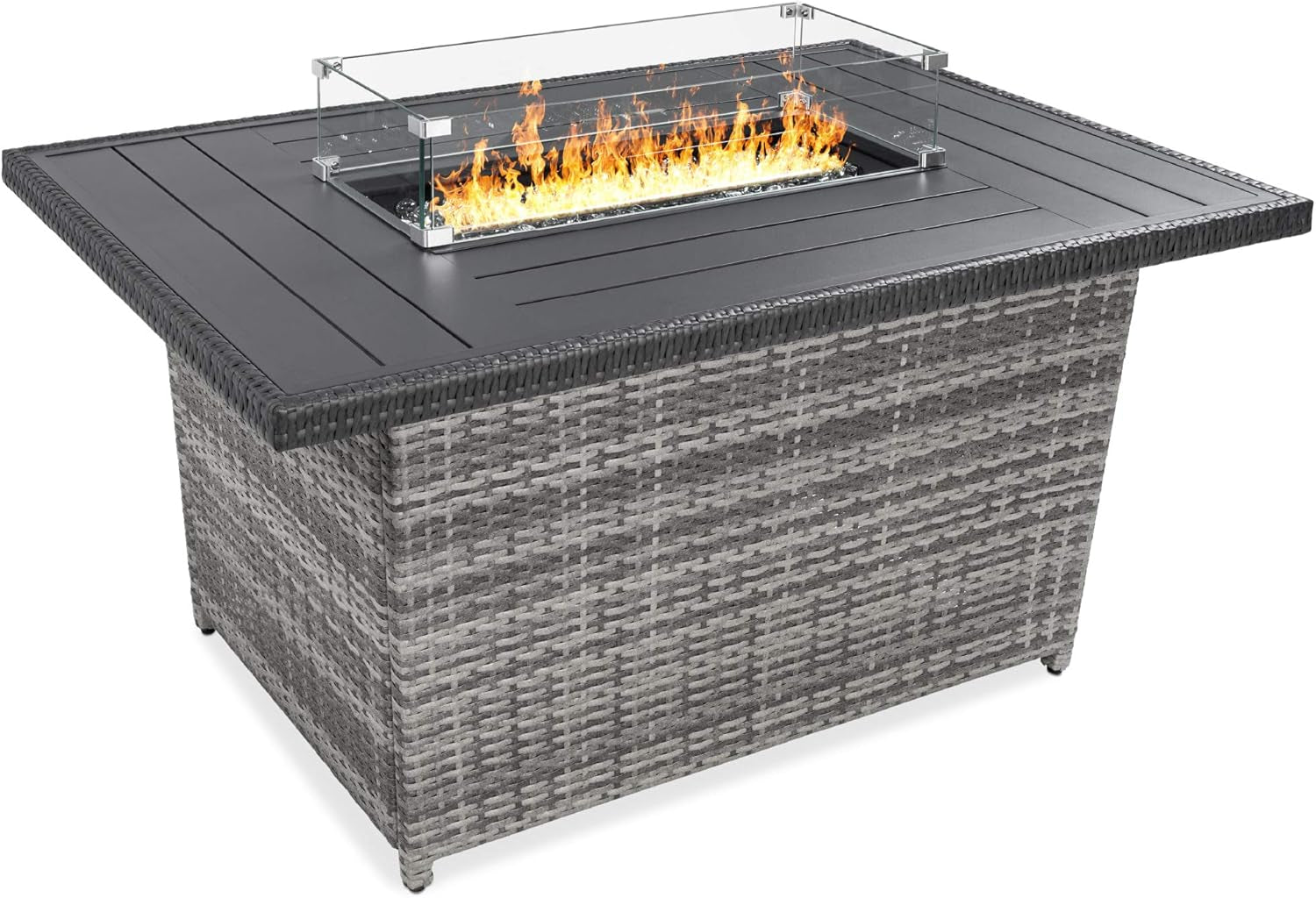 52In 50,000 BTU Outdoor Wicker Patio Propane Gas Fire Pit Table W/Aluminum Tabletop, Glass Wind Guard, Clear Glass Rocks, Cover, Slide Out Tank Holder, and Lid - Gray