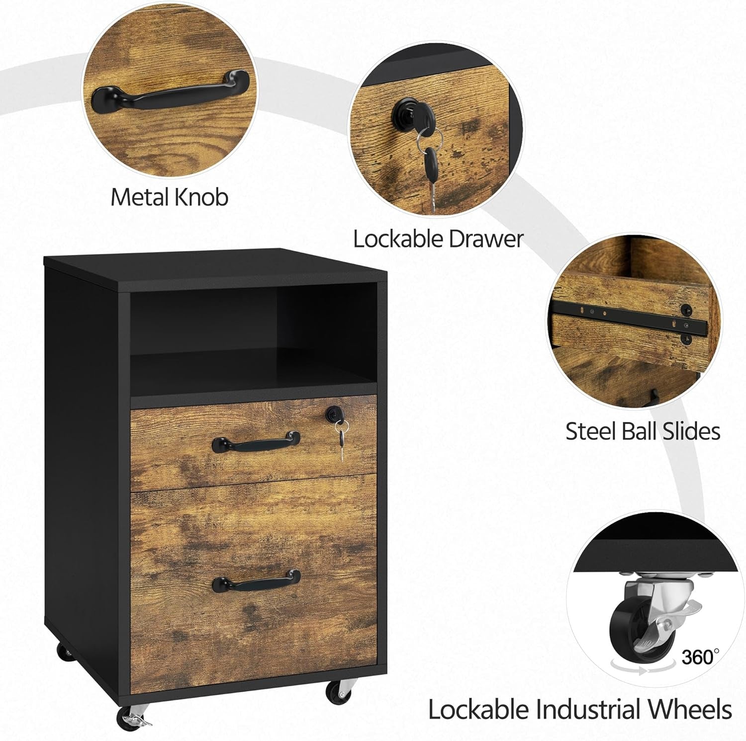 File Cabinet, under Desk Vertical Cabinet with 2 Drawers and Open Compartment, Printer Stand with Lockable Wheels for A4 Letter Size Hangable File Folders for Home Office(Black/Rustic Brown)