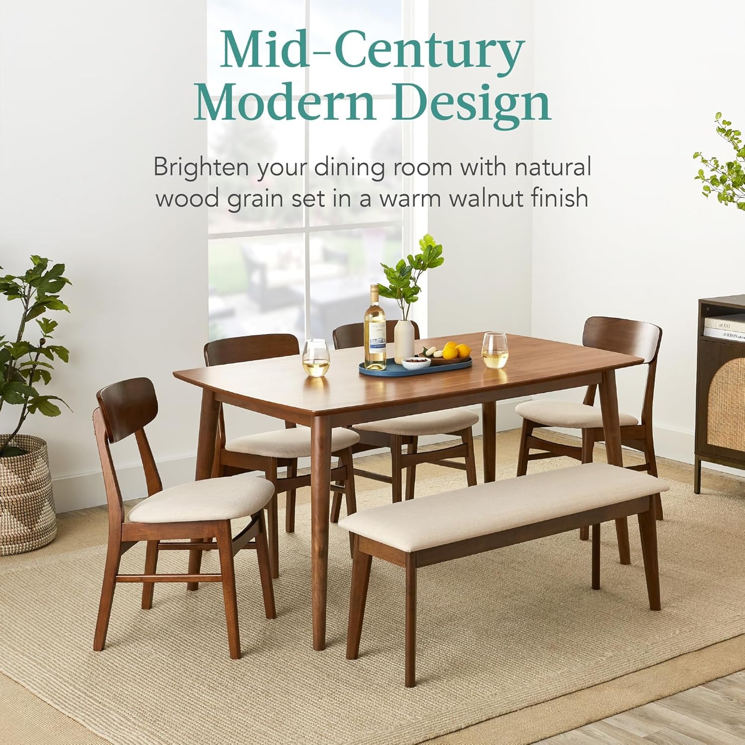 6-Piece Wooden Dining Set, Mid-Century Modern Table &amp; Upholstered Chair Set W/Bench Seat, Rubberwood Legs - Walnut/Cream