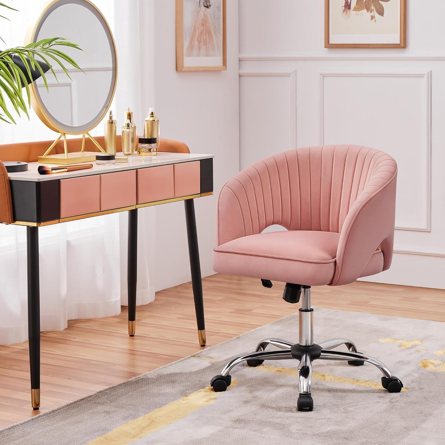 Pink Desk Chair Vanity Chair with Back Home Office Chair Cute Desk Chair Modern Swivel Rolling Chair Computer Chair for Study, Vanity, Bedroom