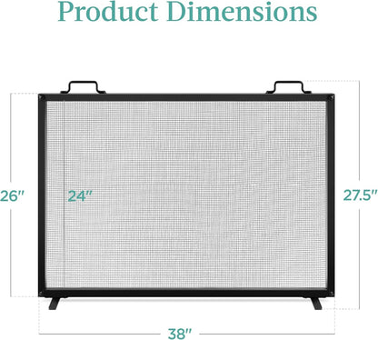 38X27In Single Panel Fireplace Screen Handcrafted Steel Mesh Spark Guard for Living Room, Bedroom Décor W/Handles - Black