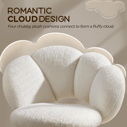 Boucle Upholstered Desk Chair Cloud-Shaped Vanity Chair Adjustable Home Office Chair Computer Chair with Rolling Wheels for Living Room, Bedroom White