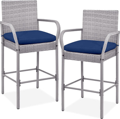 Set of 2 Wicker Bar Stools, Indoor Outdoor Bar Height Chairs W/Cushion, Footrests, Armrests for Backyard, Patio, Pool, Garden, Deck - Brown