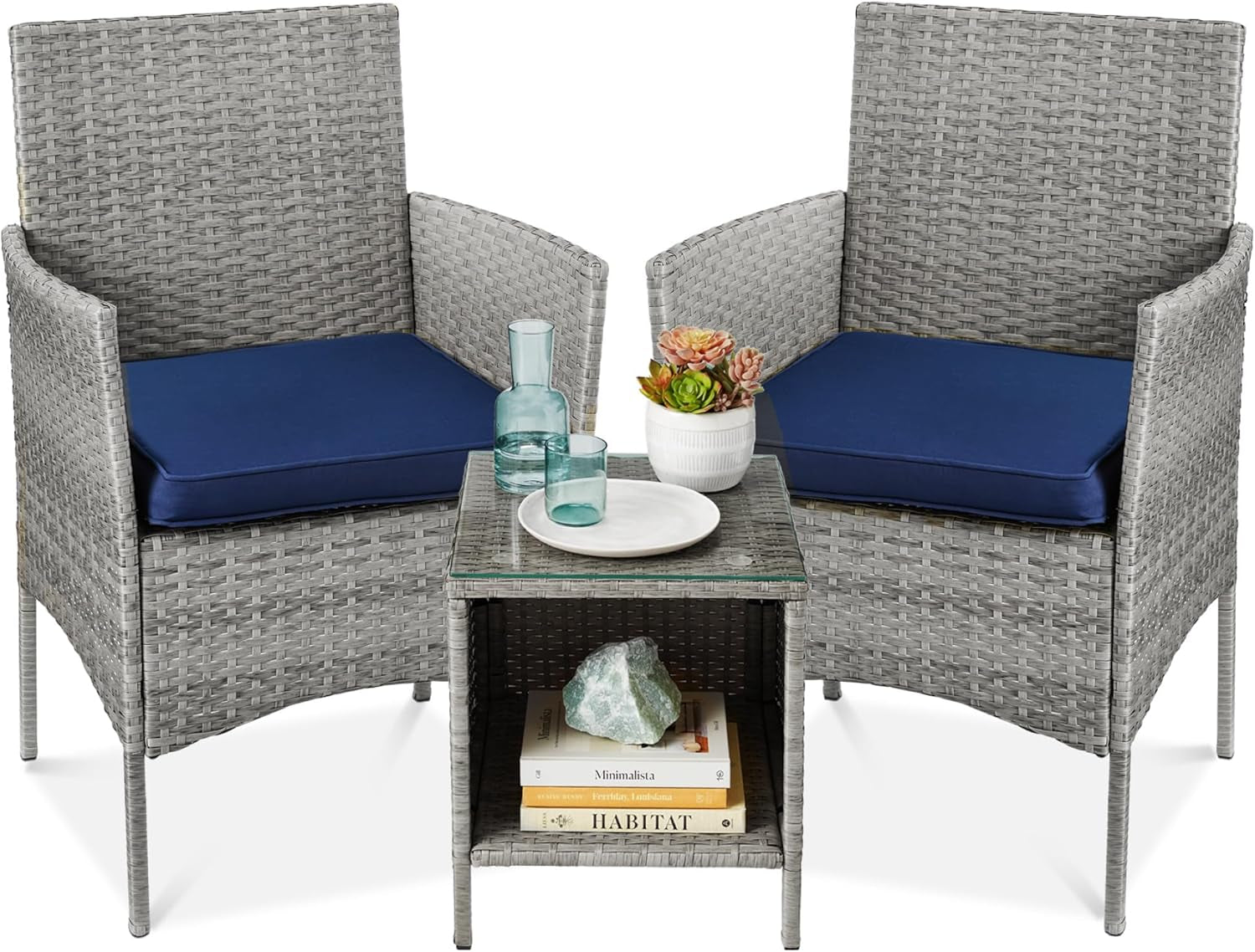 3-Piece Outdoor Wicker Conversation Bistro Set, Space Saving Patio Furniture for Garden W/Side Table - Gray/Navy