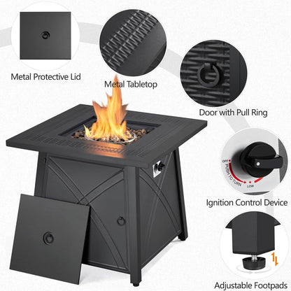 28In Propane Fire Pit Gas Fire Pit Table with Lid and Iron Tabletop for Outdoor, Patio, Garden and Camping, 50,000 BTU with Lava Rocks, Heavy Duty 2 in 1 Square Firepit Table for Party