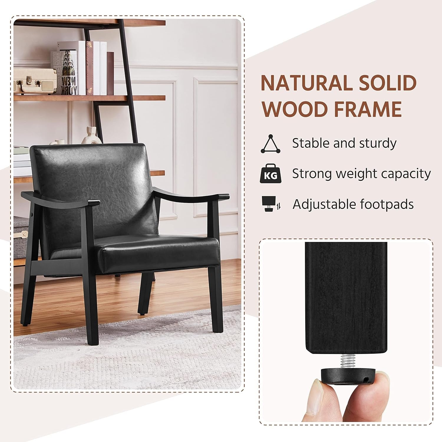 PU Leather Accent Chair, Mid-Century Modern Armchair with Solid Wood Legs, Reading Leisure Chair with High Back for Living Room Bedroom Waiting Room, Black