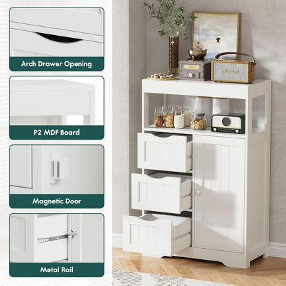 Bathroom Floor Cabinet, Wooden Free-Standing Storage Organizer with 1 Door and 3 Drawers, Bathroom Storage Cabinet for Living Room/Kitchen/Hallway/Home Office (Light White, 3 Drawers)