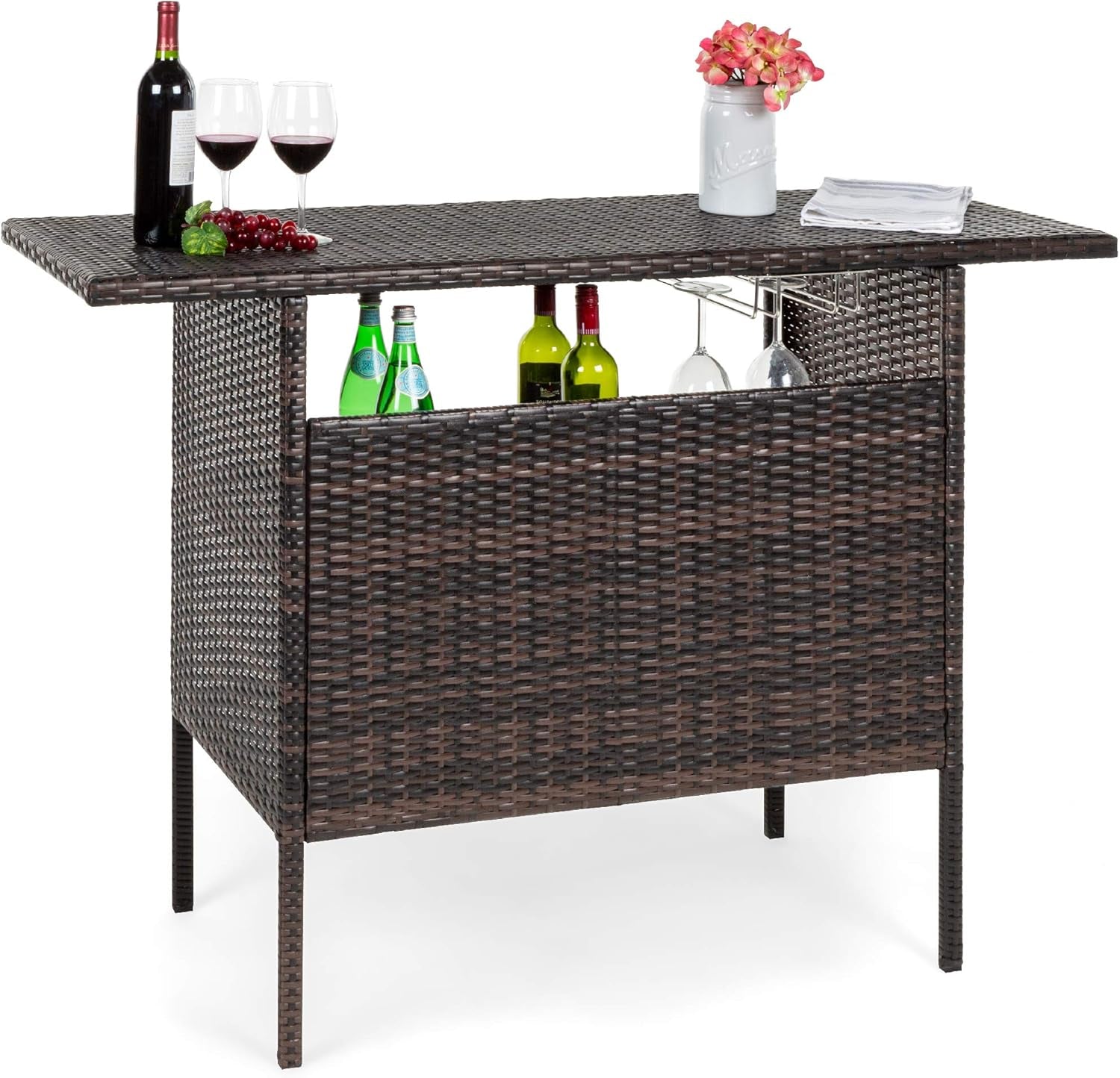 Outdoor Patio Wicker Bar Counter Table Backyard Furniture W/ 2 Steel Shelves and 2 Sets of Rails - Brown