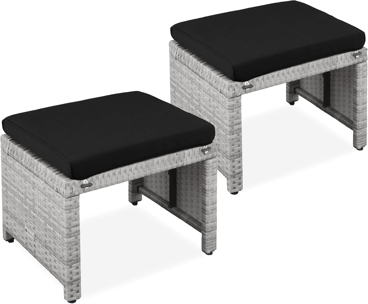 Set of 2 Wicker Ottomans, Multipurpose Outdoor Furniture for Patio, Backyard, Additional Seating, Footrest, Side Table W/Removable Cushions, Steel Frame - Brown/Beige