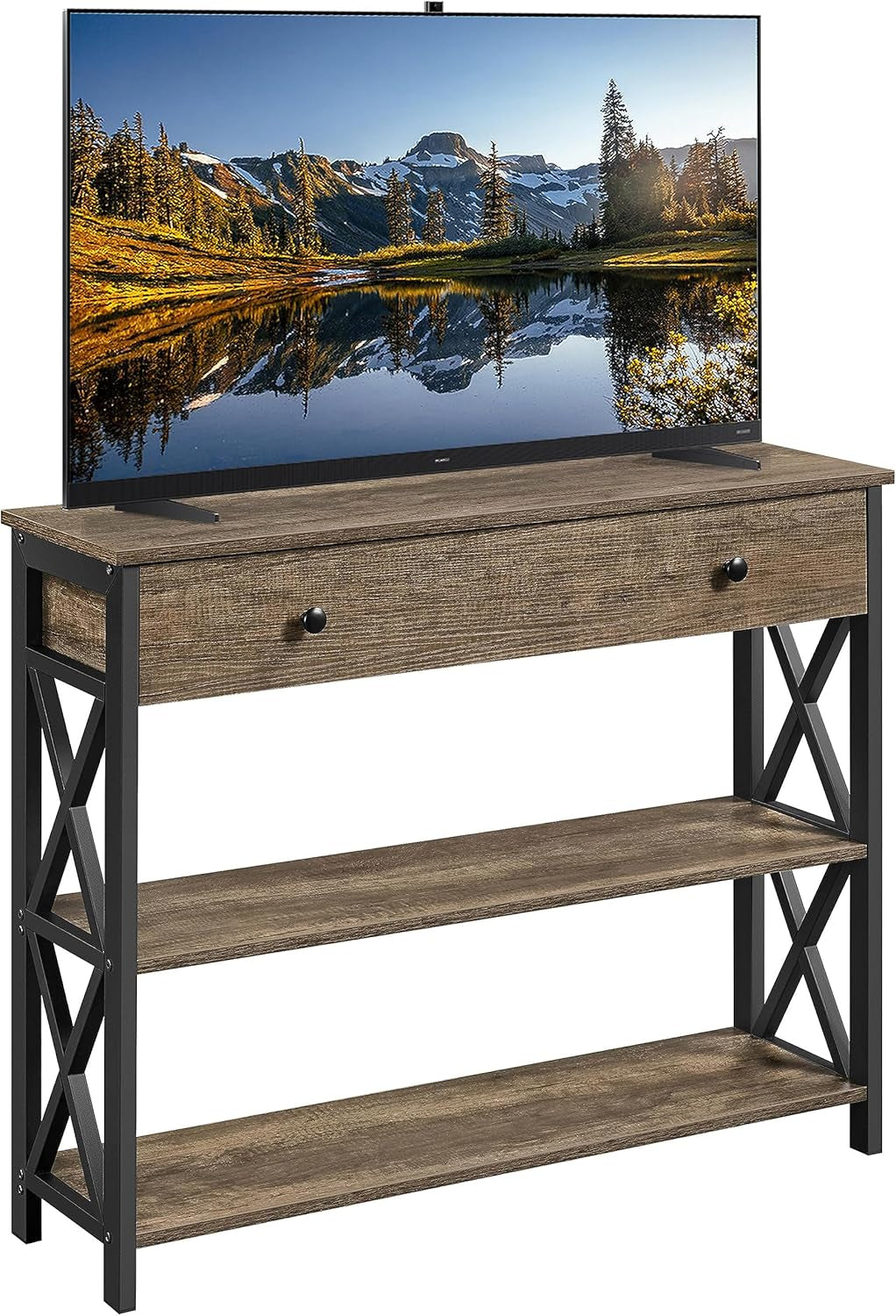 TV Stand for TV up to 45 Inch, Entertainment Center with Drawer, Media Console Table with Storage Shelves, for Living Room, Metal Frame, Rustic Brown