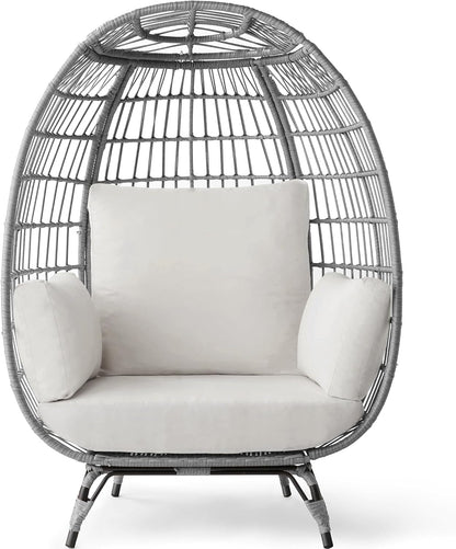 Wicker Egg Chair, Oversized Indoor Outdoor Lounger for Patio, Backyard, Living Room W/ 4 Cushions, Steel Frame, 440Lb Capacity - Ivory