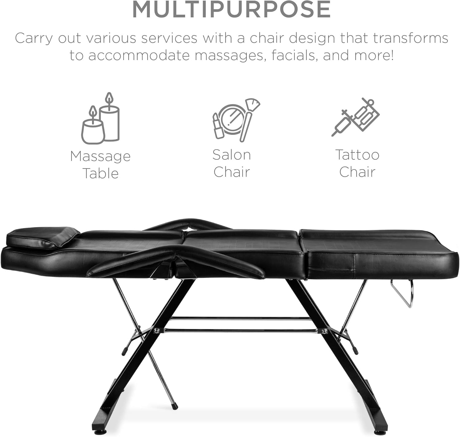 71In 3-Section Multipurpose Massage Bed, Spa &amp; Salon Facial, Tattoo Chair W/Hydraulic Stool, Removable Headrest, Facial Cradle, Towel Hanger - Black