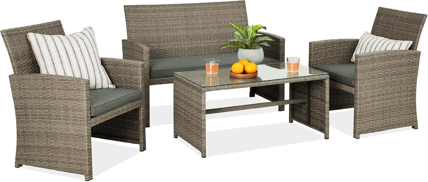 4-Piece Outdoor Wicker Patio Conversation Furniture Set for Backyard W/Coffee Table, Seat Cushions - Gray/Navy