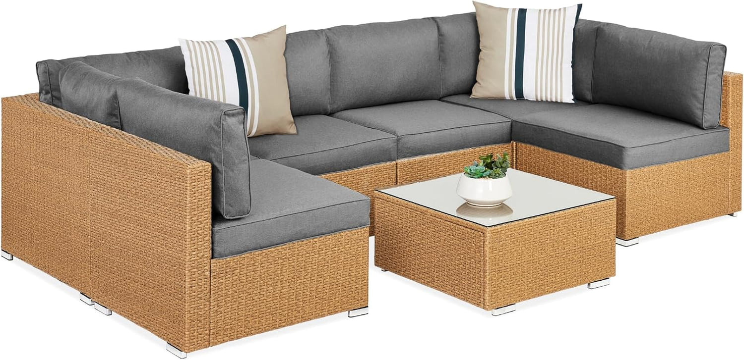 7-Piece Modular Outdoor Sectional Wicker Patio Conversation Set W/ 2 Pillows, Coffee Table, Cover Included - Gray/Navy