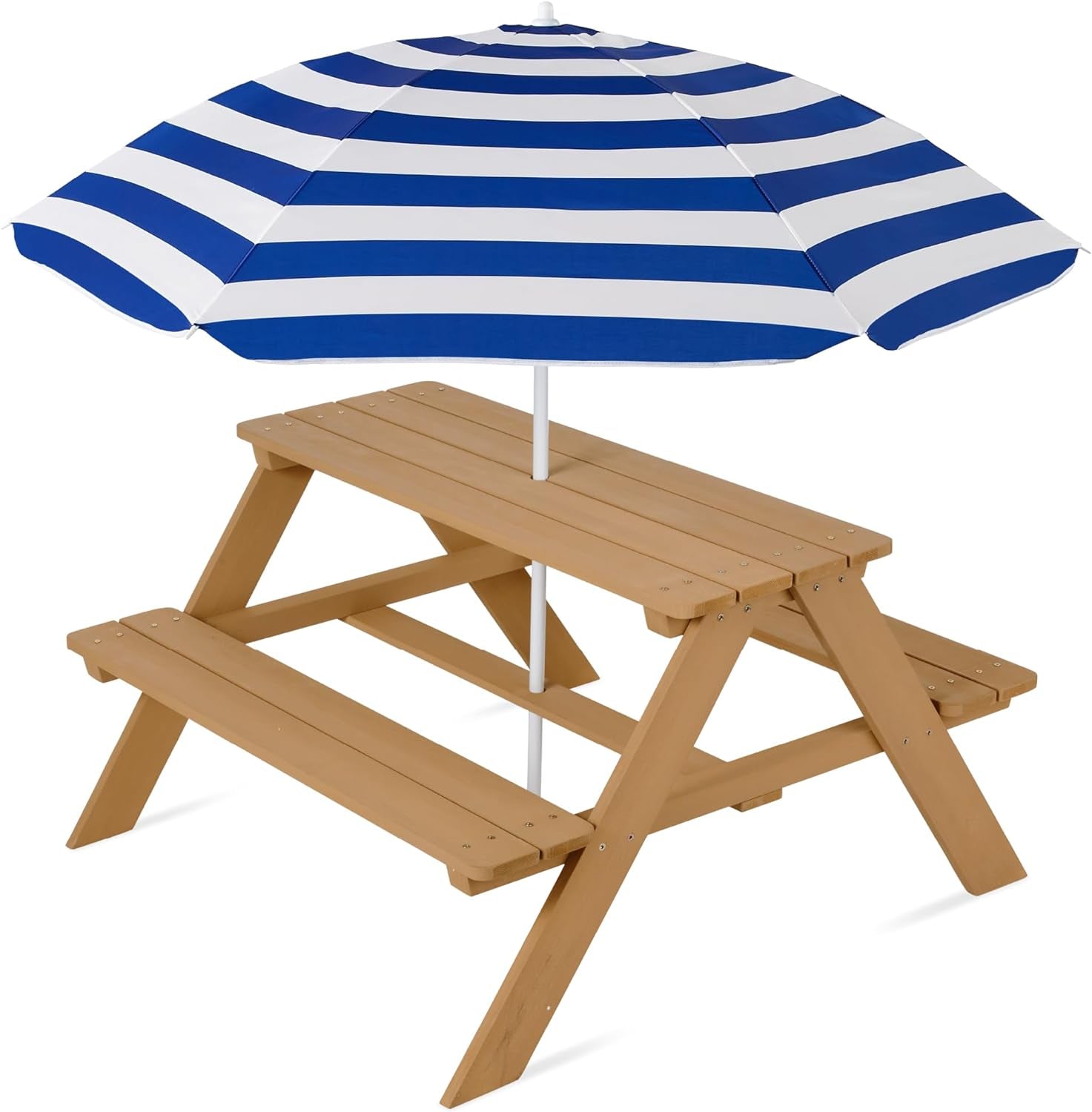 Kids Wooden Picnic Table, Outdoor Activity &amp; Dining Table W/Adjustable Collapsible Umbrella, Built-In Seats - Golden Brown/Navy