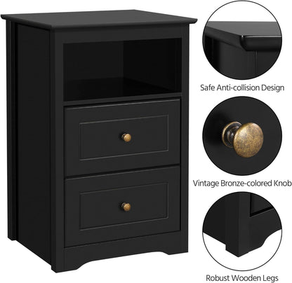 Tall Nightstand with 2 Drawer and 1 Open Shelf, 29&quot; High Bedside Table Wooden Flie Cabinet Telephone Table Bed Side Table with Storage for Bedroom Black