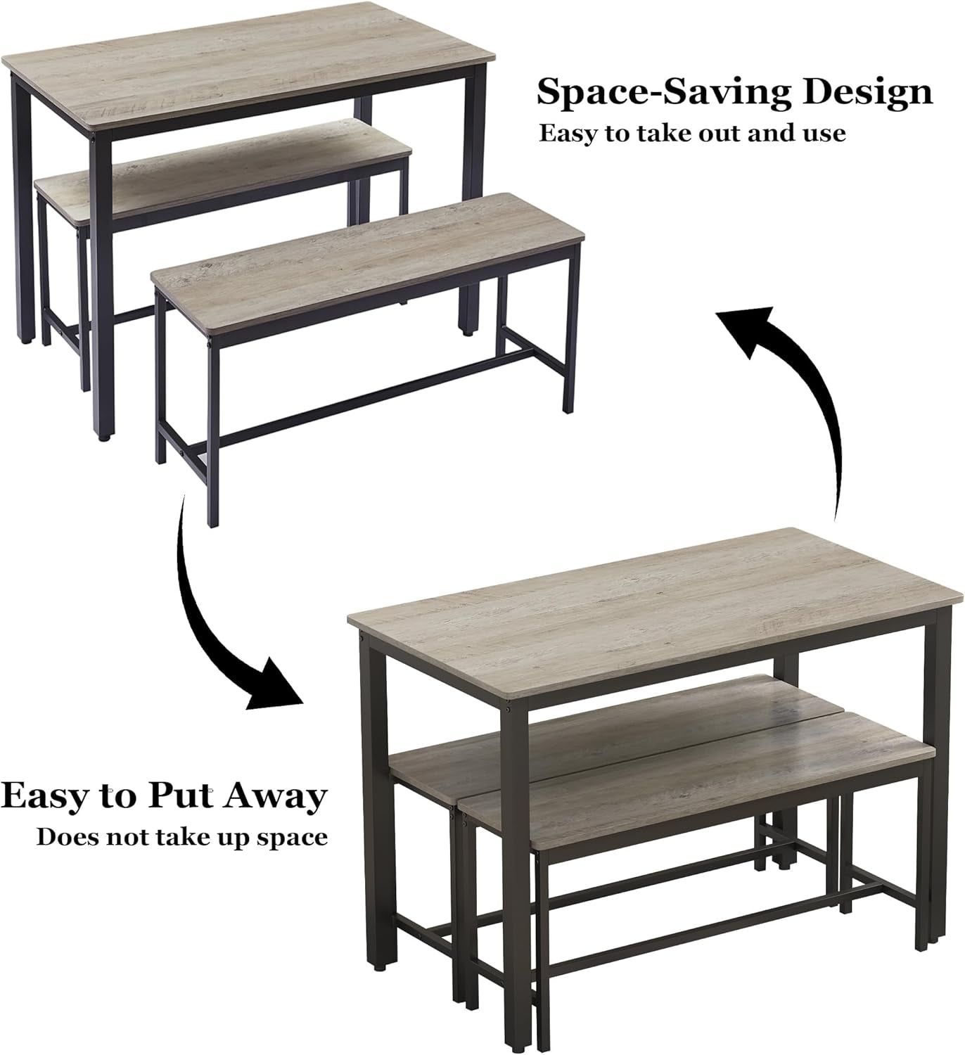 Dining Table Set for 4, Kitchen Room Table Set with 2 Benches, 3-Piece Dining Chairs Set for Breakfast Nook, Grey